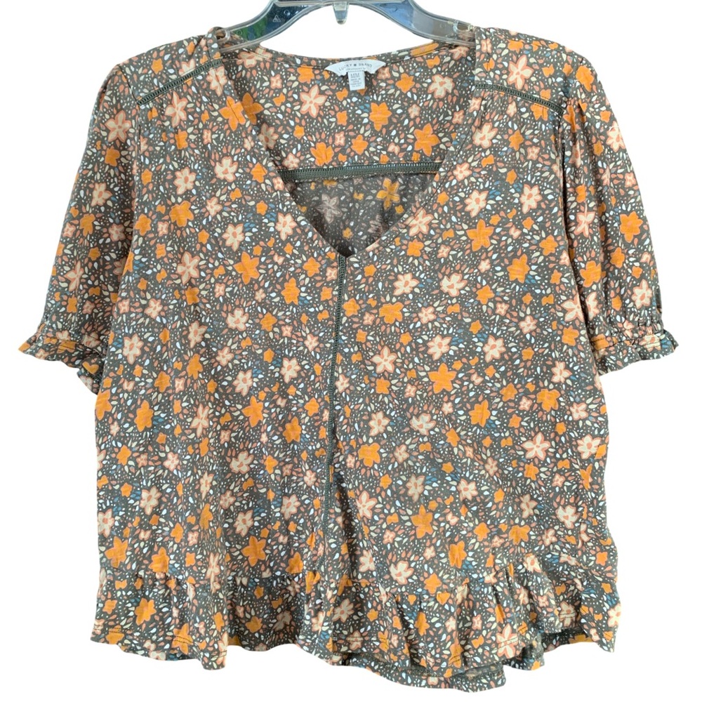 Floral V-Neck Ruffle Hem Blouse in Orange and Gray